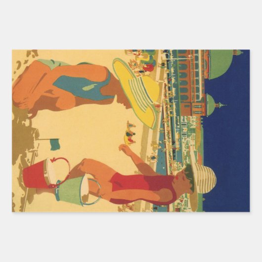 ヴィンテージチルドレンズシスターズファミリーバケーションアットビーチ ラッピングペーパーシート (正面)