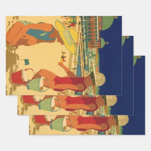 ヴィンテージチルドレンズシスターズファミリーバケーションアットビーチ ラッピングペーパーシート (セット)