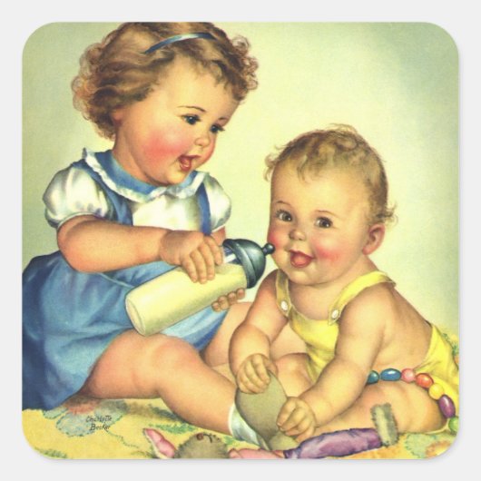 ヴィンテージチルドレン,かわいいハッピー幼児スマイルボトル スクエアシール (正面)