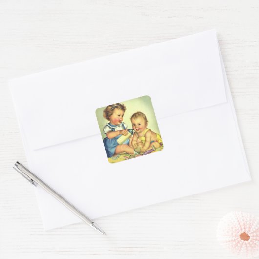 ヴィンテージチルドレン,かわいいハッピー幼児スマイルボトル スクエアシール (封筒)