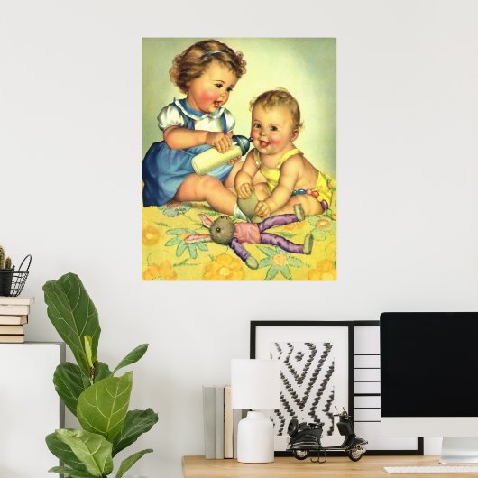 ヴィンテージチルドレン，かわいいハッピー幼児スマイルボトル ポスター (ホームオフィス)