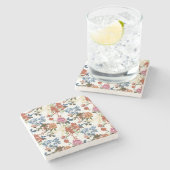 ヴィンテージチンツフローラルパターンレッドブルーピンク花 ストーンコースター (横)