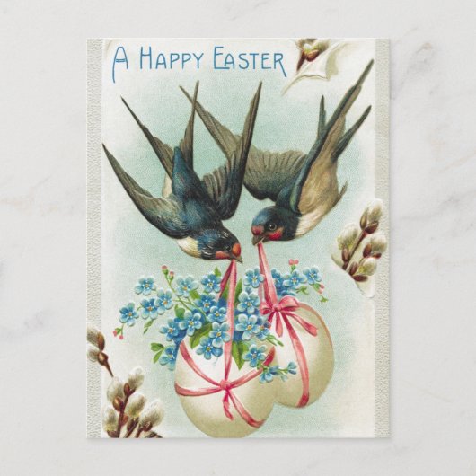 ヴィンテージツバメのカップルとフローライースターエッグ ポストカード (正面)