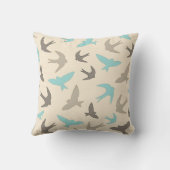 ヴィンテージツバメ鳥パターンブラウンベージュブルー クッション (裏面)