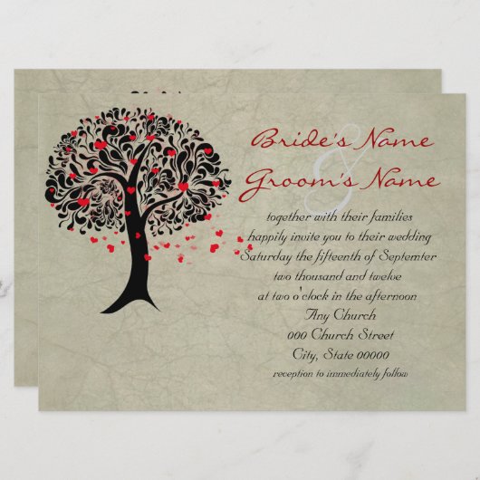 ヴィンテージツリーの赤いハート結婚式招待状 招待状 (正面/裏面)