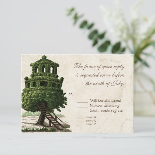 ヴィンテージツリーハウスおもしろいアンティークパーチメント結婚ズ 出欠カード (スタンド正面)