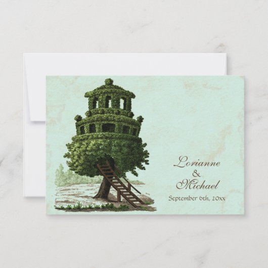 ヴィンテージツリーハウスおもしろいアンティークパーチメント結婚ズ 出欠カード (裏面)