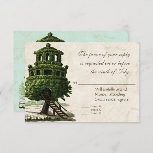 ヴィンテージツリーハウスおもしろいアンティークパーチメント結婚ズ 出欠カード (正面/裏面)