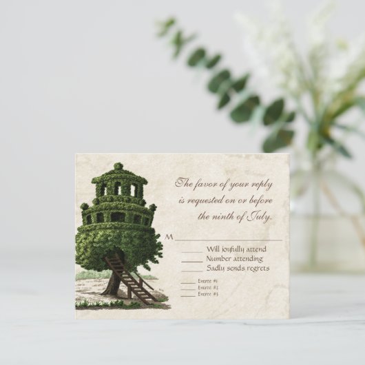 ヴィンテージツリーハウスおもしろいアンティークパーチメント結婚ズ 出欠カード (スタンド正面)