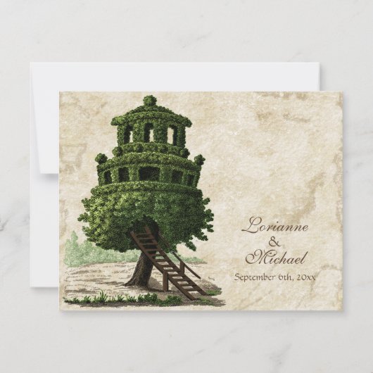 ヴィンテージツリーハウスおもしろいアンティークパーチメント結婚ズ 出欠カード (裏面)