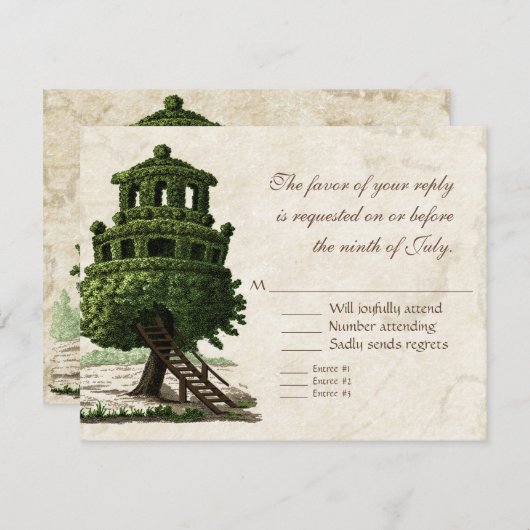 ヴィンテージツリーハウスおもしろいアンティークパーチメント結婚ズ 出欠カード (正面/裏面)