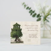 ヴィンテージツリーハウスおもしろいアンティークパーチメント結婚ズ 出欠カード (スタンド正面)