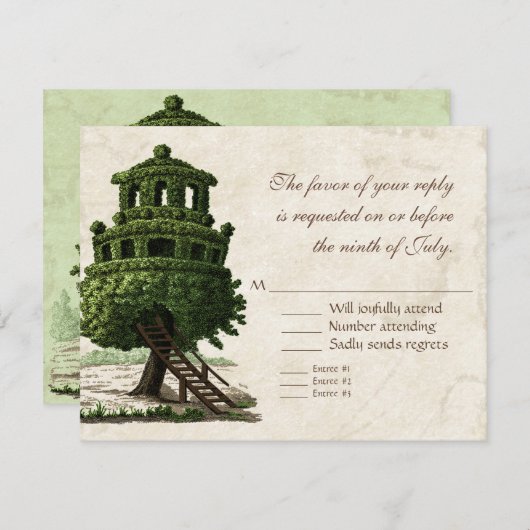 ヴィンテージツリーハウスおもしろいアンティークパーチメント結婚ズ 出欠カード (正面/裏面)