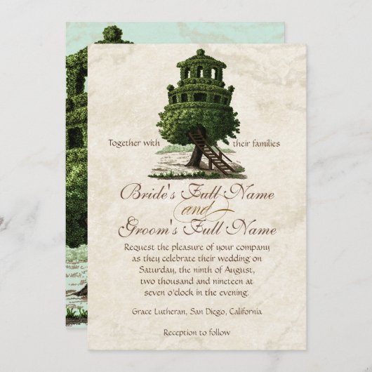 ヴィンテージツリーハウスおもしろいアンティークパーチメント結婚ズ 招待状 (正面/裏面)