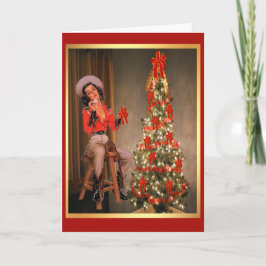 ヴィンテージツリー付きサドル上女性のカーボーイ シーズンカード