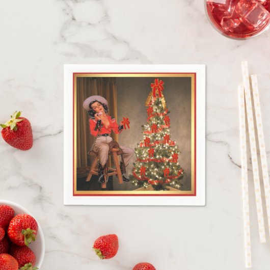 ヴィンテージツリー付きサドル上女性のカーボーイ スタンダードカクテルナプキン (インサイチュ)