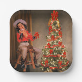 ヴィンテージツリー付きサドル上女性のカーボーイ ペーパープレート (正面)