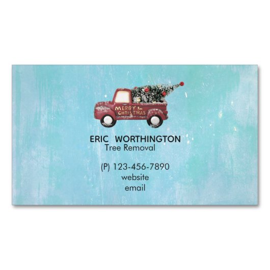 ヴィンテージツリー付き赤おもちゃのトラック マグネット名刺 (正面)