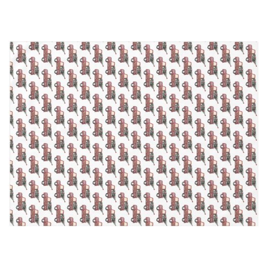 ヴィンテージツリー模様の赤いトイ車 テーブルクロス (正面(横))