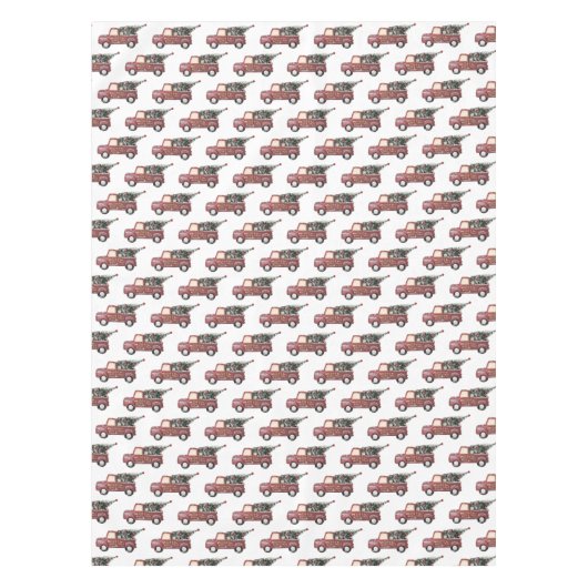 ヴィンテージツリー模様の赤いトイ車 テーブルクロス (正面)