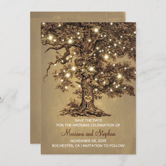 ヴィンテージツリー素朴ライト日付招待状の保存 セーブザデート (正面/裏面)