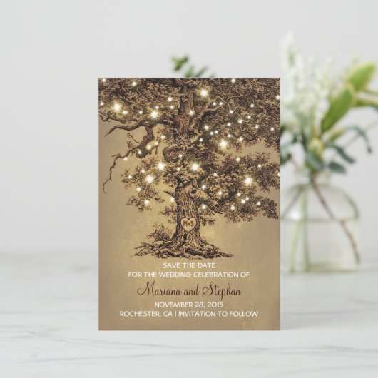 ヴィンテージツリー素朴ライト日付招待状の保存 セーブザデート (スタンド正面)