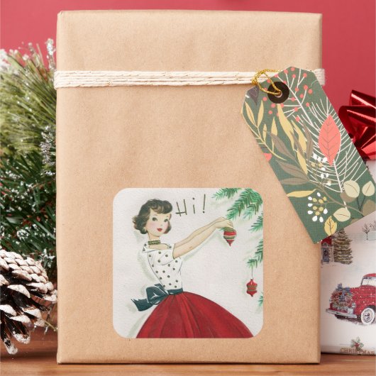 ヴィンテージツリー飾レディーレトロステッカー スクエアシール (クリスマス)