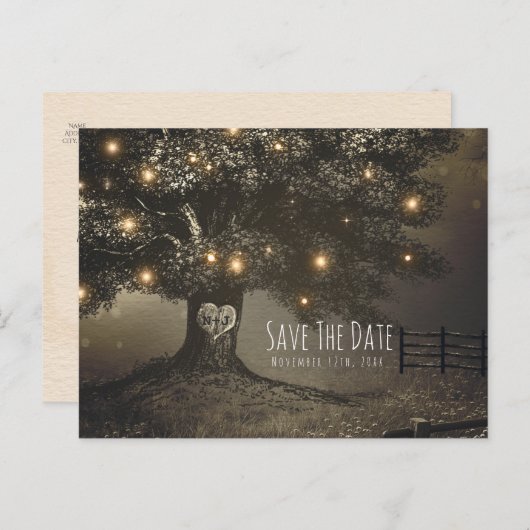 ヴィンテージツリー&ナイトライトウェディング日付を保存 案内ポストカード (正面/裏面)