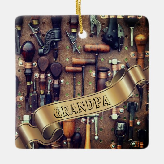 ヴィンテージツールlレトロ木工クリスマス セラミックオーナメント (正面)