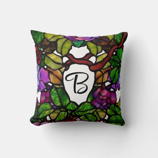 ヴィンテージティファニーステンドグラスパープルバラ クッション (正面)