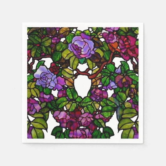 ヴィンテージティファニーステンドグラスパープルバラ スタンダードカクテルナプキン (正面)