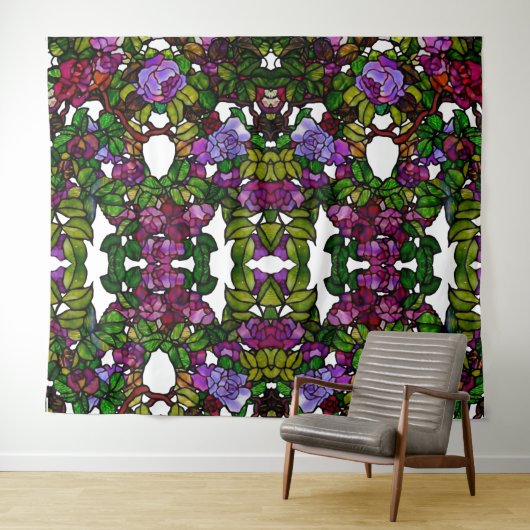 ヴィンテージティファニーステンドグラスパープルバラ タペストリー (インサイチュ(横))