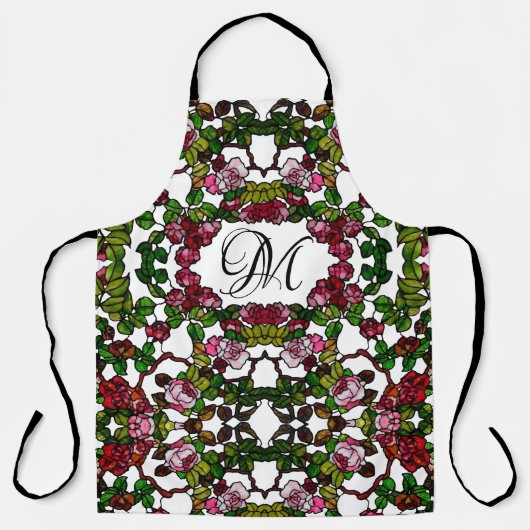 ヴィンテージティファニーステンドグラスピンクと赤のバラ エプロン (正面)