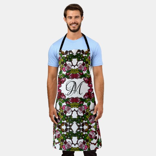 ヴィンテージティファニーステンドグラスピンクと赤のバラ エプロン (着用した状態)