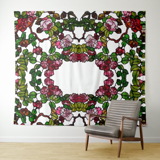 ヴィンテージティファニーステンドグラスピンクと赤のバラ タペストリー (インサイチュ(横))