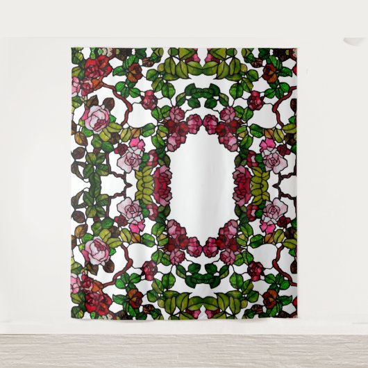 ヴィンテージティファニーステンドグラスピンクと赤のバラ タペストリー (正面)