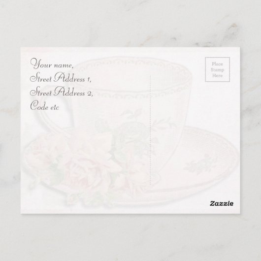 ヴィンテージティーカップとバラ悔やみや弔慰 ポストカード (裏面)