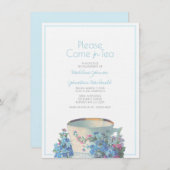 ヴィンテージティーカップウェディングシャワーまたは婚約ブルー 招待状 (正面/裏面)