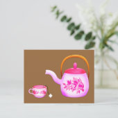 ヴィンテージティーカップティーポットイラストレーション ポストカード (スタンド正面)