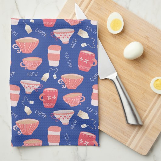 ヴィンテージティーカップティーポットパターン キッチンタオル (四つ折り)