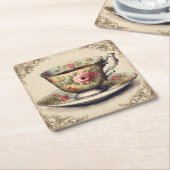 ヴィンテージティーカップフローラブライダルシャワーティーパーティー スクエアペーパーコースター (アングル)