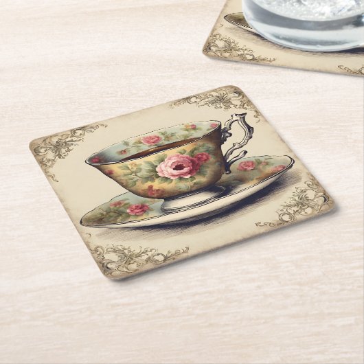 ヴィンテージティーカップフローラブライダルシャワーティーパーティー スクエアペーパーコースター (アングル)