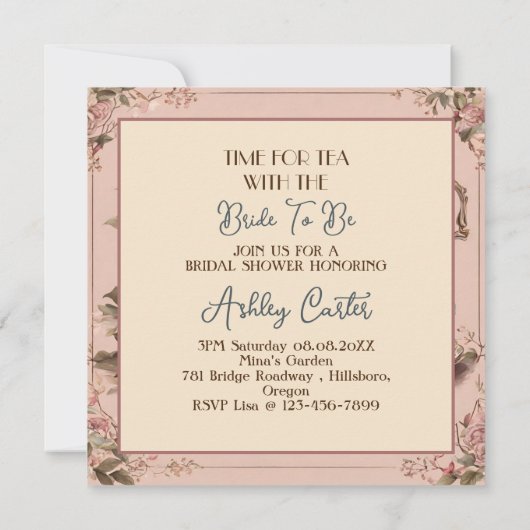 ヴィンテージティーカップフローラブライダルシャワーティーパーティー 招待状 (裏面)