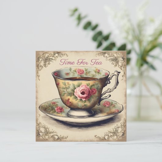 ヴィンテージティーカップフローラブライダルシャワーティーパーティー 招待状 (スタンド正面)