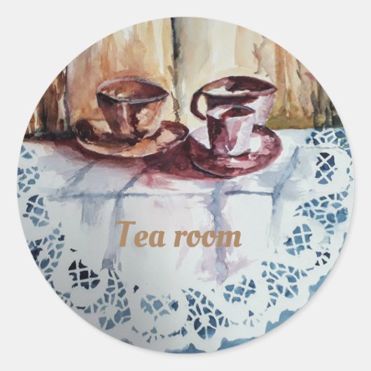 ヴィンテージティーカップ白レースリネンキッチントーウェ ラウンドシール (正面)