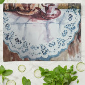 ヴィンテージティーカップ白レースリネン キッチンタオル (折り畳み)