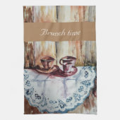 ヴィンテージティーカップ白レースリネン キッチンタオル (縦)