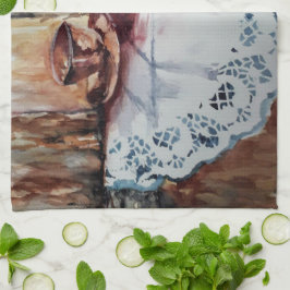 ヴィンテージティーカップ白レースリネン キッチンタオル