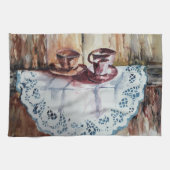 ヴィンテージティーカップ白レースリネン キッチンタオル (横)