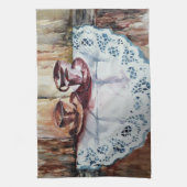 ヴィンテージティーカップ白レースリネン キッチンタオル (縦)